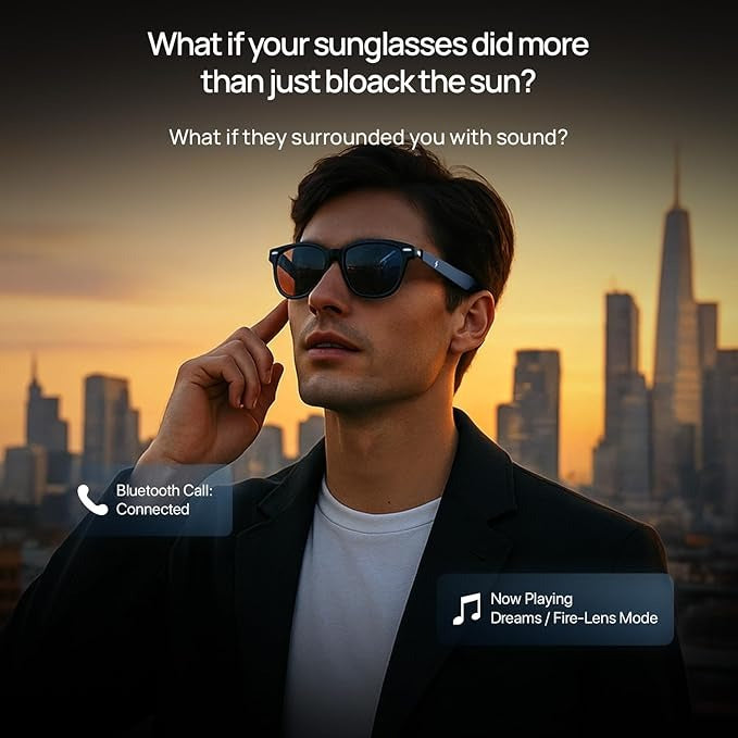 Fire-Lens Smart Glasses, Bluetooth Calling & Open-Ear Bluetooth Sunglasses with HD Sound & Smart Audio Touch Controls Voice Assistant (Siri/Alexa/Google), Fast Charging for Men & Women