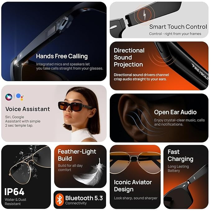 Fire-Lens Smart Glasses, Bluetooth Calling & Open-Ear Bluetooth Sunglasses with HD Sound & Smart Audio Touch Controls Voice Assistant (Siri/Alexa/Google), Fast Charging for Men & Women
