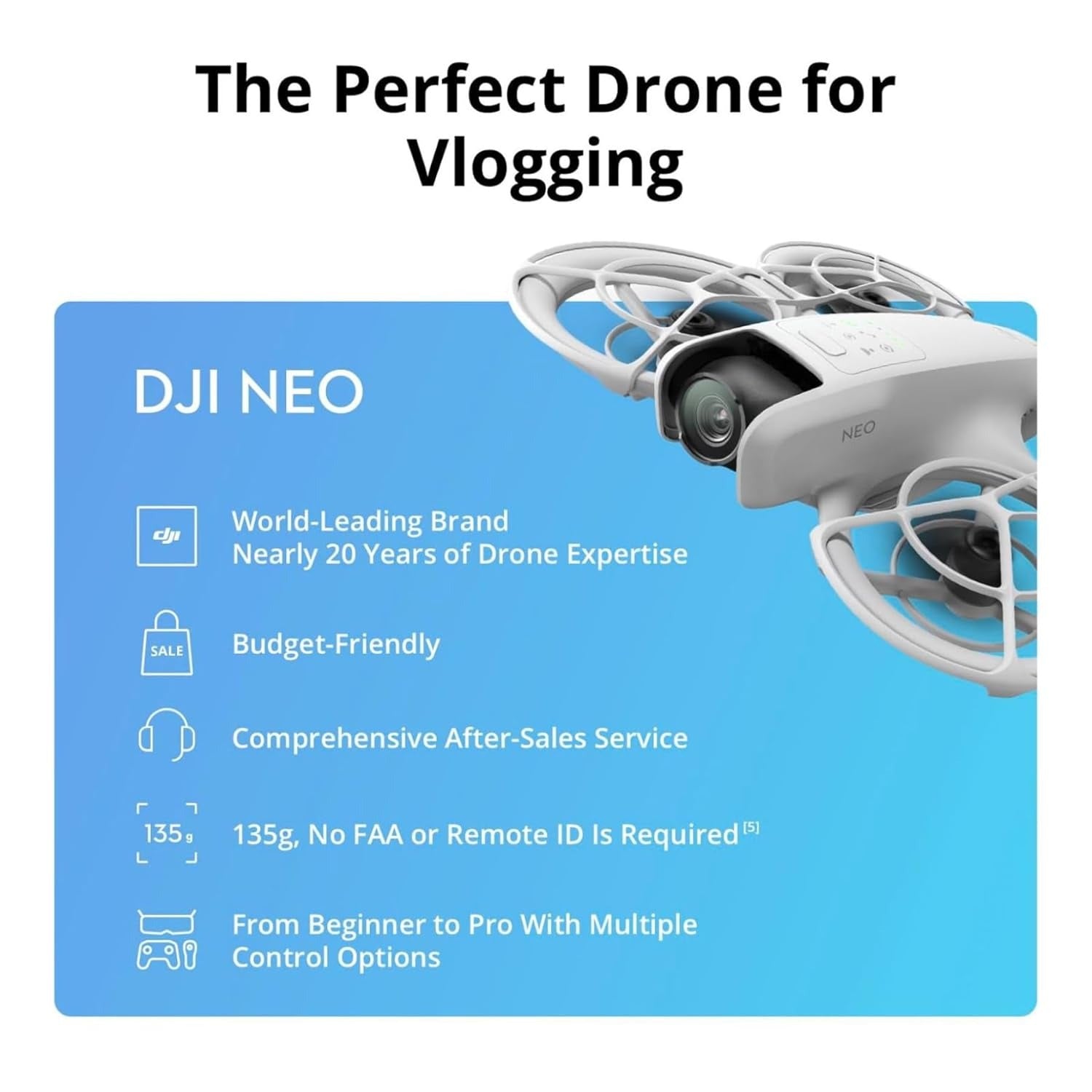 DGI Neo, Mini Drone with 4K UHD Camera for Adults, 135g Self Flying Drone that Follows You, Palm Takeoff, AI Subject Tracking, QuickShots, Stabilized Video, Built-In Propeller Guard (Controller-Free)