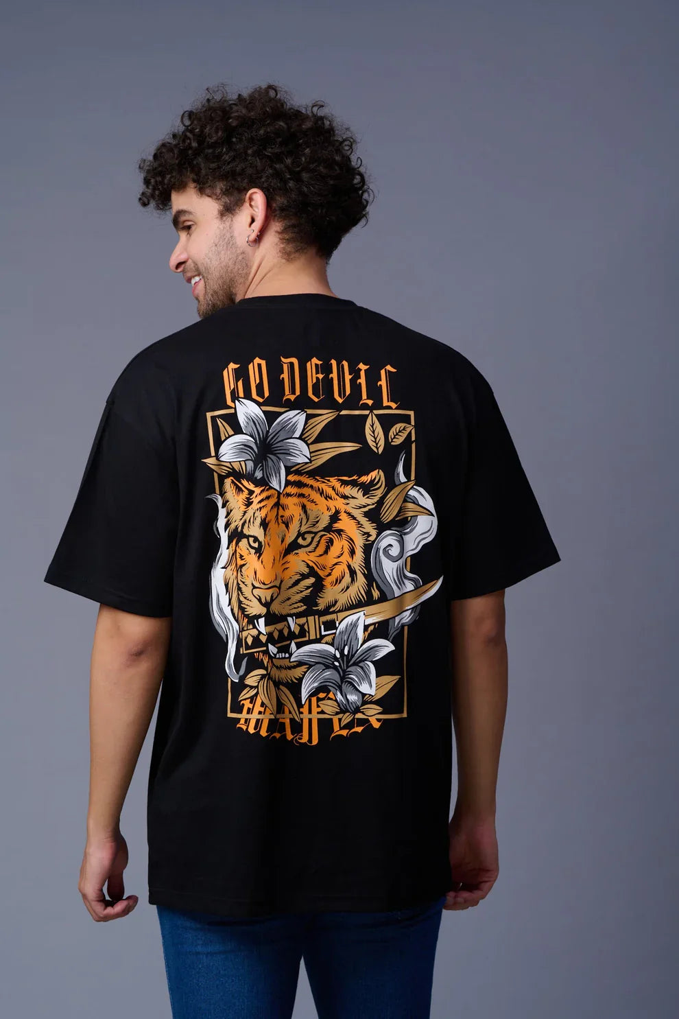 Tiger Printed Black Oversized T-Shirt for Men