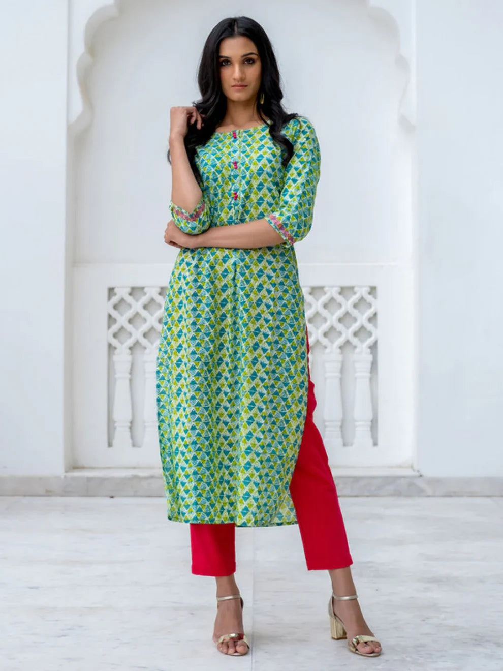 Green & Blue Geometric Print Straight Cotton Jaipuri Kurti